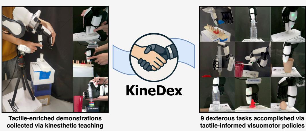Figure 1: We present KineDex, a framework for collecting tactile-enriched demonstrations via kinesthetic teaching and training tactile-informed visuomotor policies for dexterous manipulation.