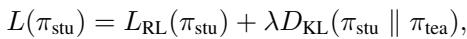 Equation: Student policy loss function combining RL and BC.