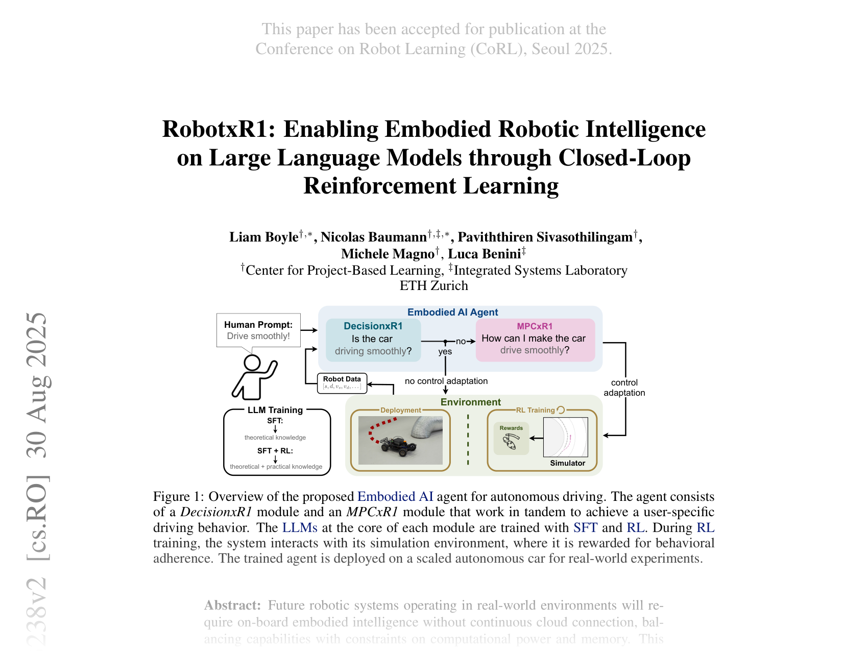[RobotxR1: Enabling Embodied Robotic Intelligence on Large Language Models through Closed-Loop Reinforcement Learning 🔗](https://arxiv.org/abs/2505.03238)