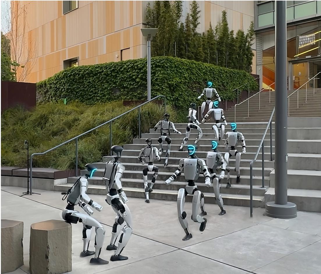 Figure 1: VIDEOMIMIC overview showing robots performing synchronized movements.