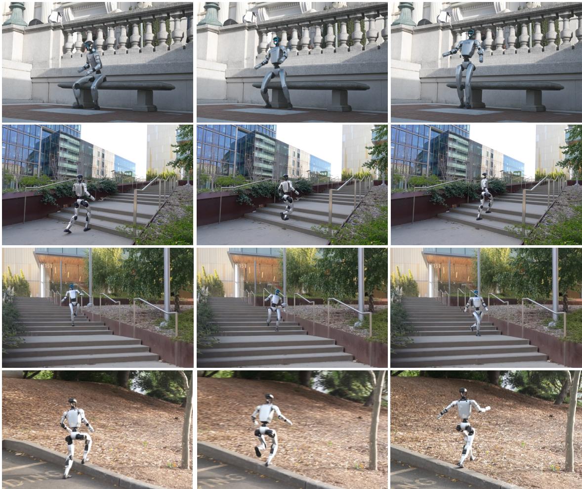 Figure 5: The robot performing stair climbing, sitting, and traversing terrain in the real world.