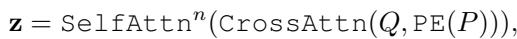 Equation 1: The mathematical formulation of the point-to-shape encoder using cross and self-attention.