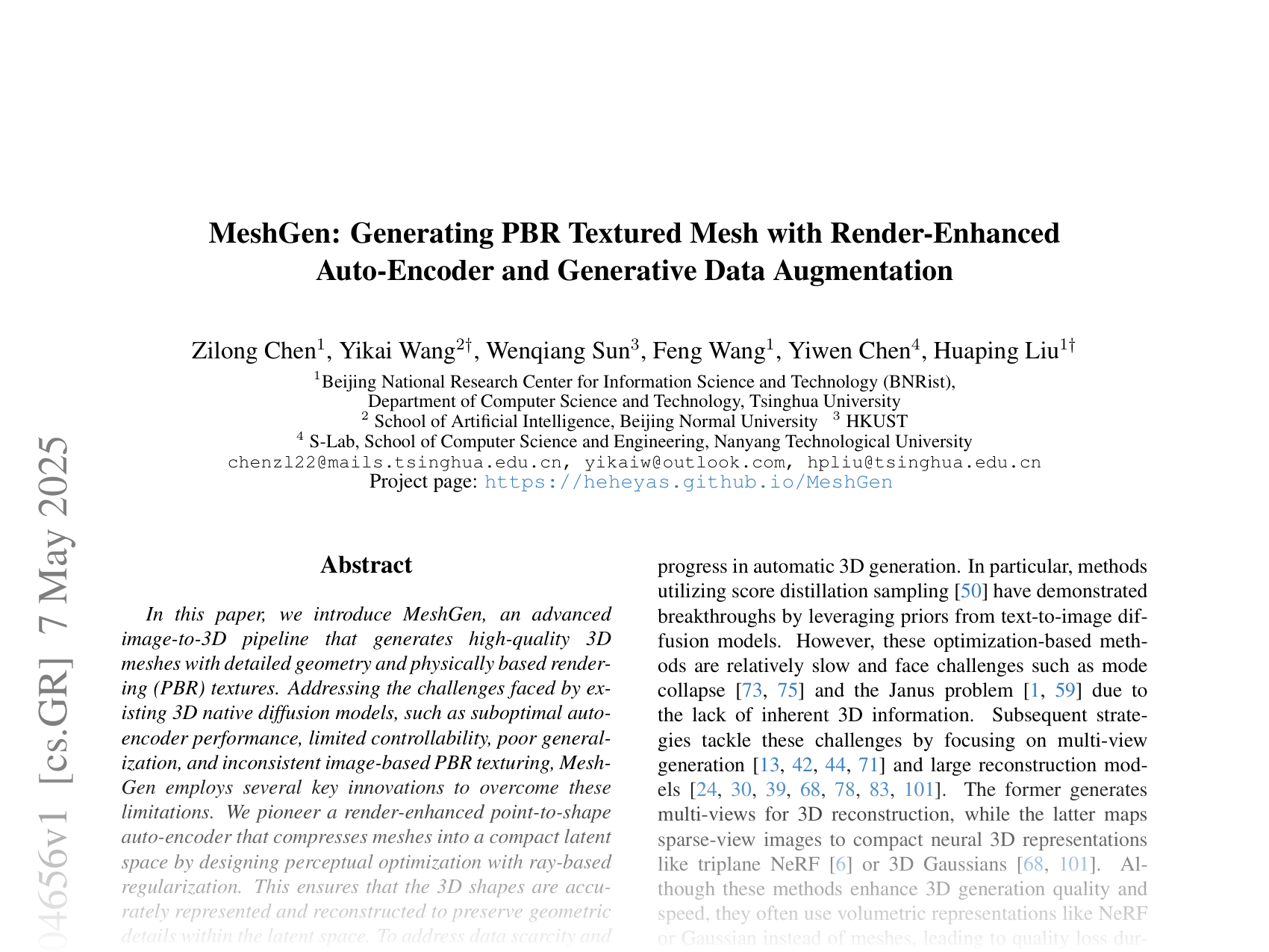 [MesgGen: Generating PBR Textured Mesh with Render-Enhanced Auto-Encoder and Generative Data Augmentation 🔗](https://arxiv.org/abs/2505.04656)