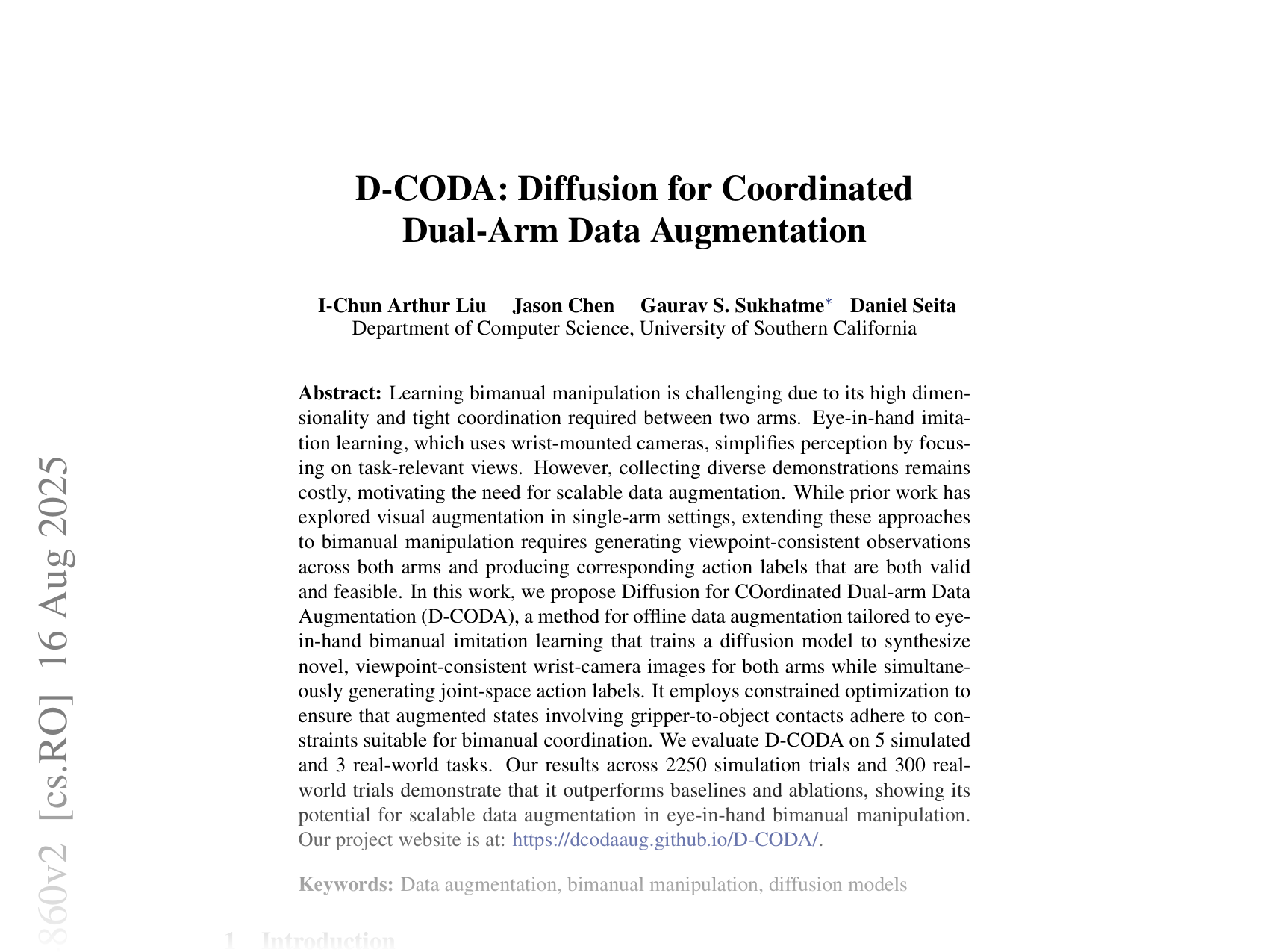 [D-CODA: Diffusion for Coordinated Dual-Arm Data Augmentation 🔗](https://arxiv.org/abs/2505.04860)