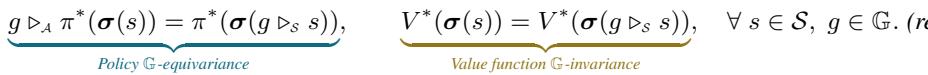 Equation illustrating Policy Equivariance and Value Function Invariance.