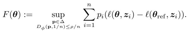 Equation defining the DRRho risk F(theta) as the supremum over a probability distribution p within a divergence constraint rho/n, applied to the difference between the target loss and reference loss.