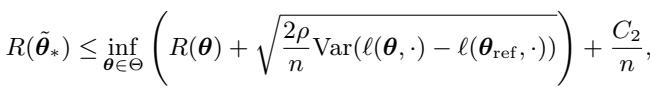 Generalization bound equation for DRRho, showing that the risk is bounded by the variance of the difference between the target loss and reference loss.