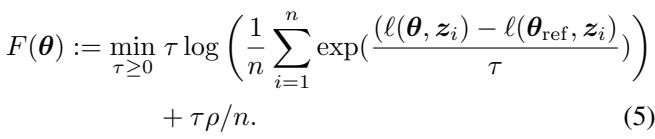 Equation showing DRRho risk formulated with KL divergence regularization, resulting in a log-sum-exp form.