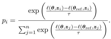 Equation showing the probability weight p_i calculation based on the exponential of the scaled loss difference.