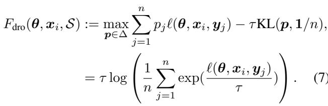 Equation showing the DRO contrastive loss F_dro for a specific image sample x_i.