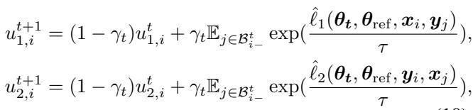Equation showing the update rules for the moving average estimators u_1 and u_2.