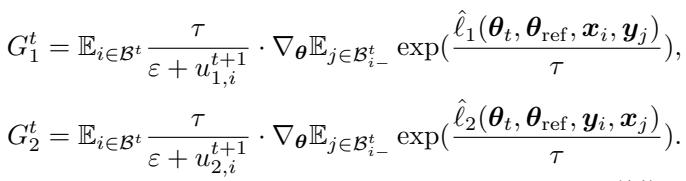Equation showing the gradient estimators G_1 and G_2 using the moving averages.
