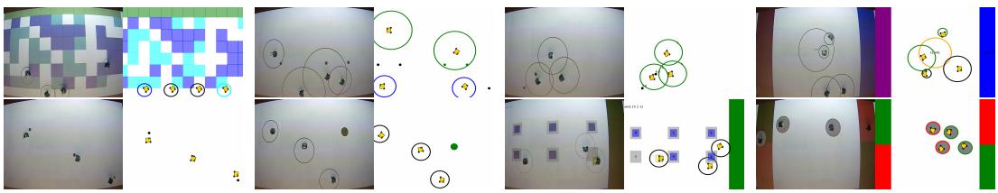 Composite image showing 8 scenarios. Left column is real-world, right column is simulation.