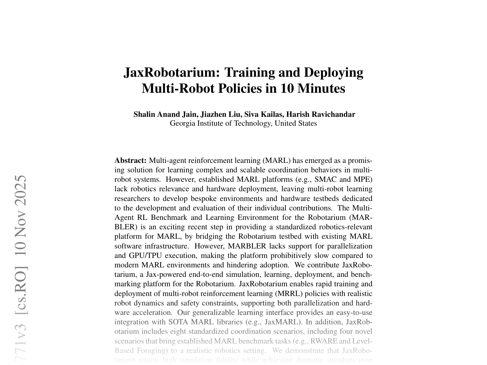 [JaxRobotarim: Training and Deploying Multi-Robot Policies in 10 Minutes 🔗](https://arxiv.org/abs/2505.06771)