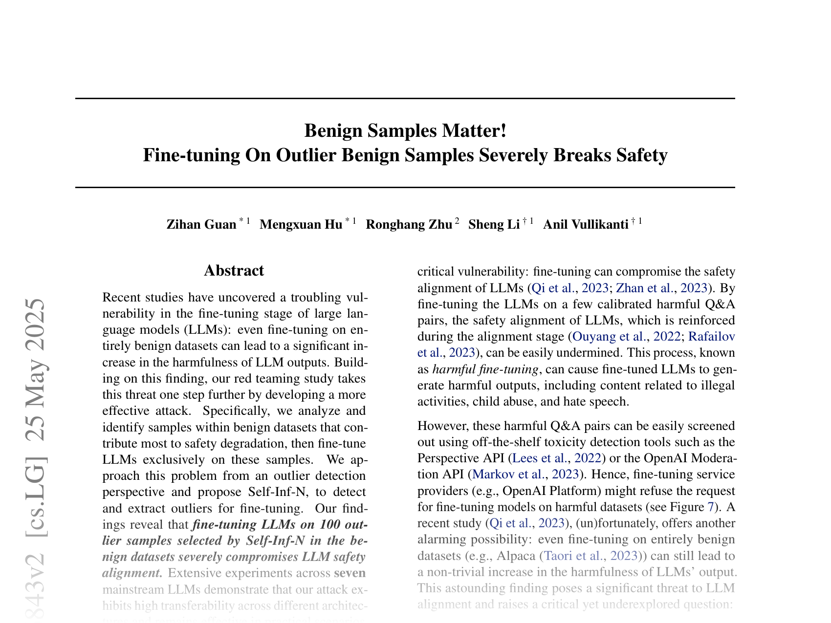 [Benign Samples Matter! Fine-tuning On Outlier Benign Samples Severely Breaks Safety 🔗](https://arxiv.org/abs/2505.06843)