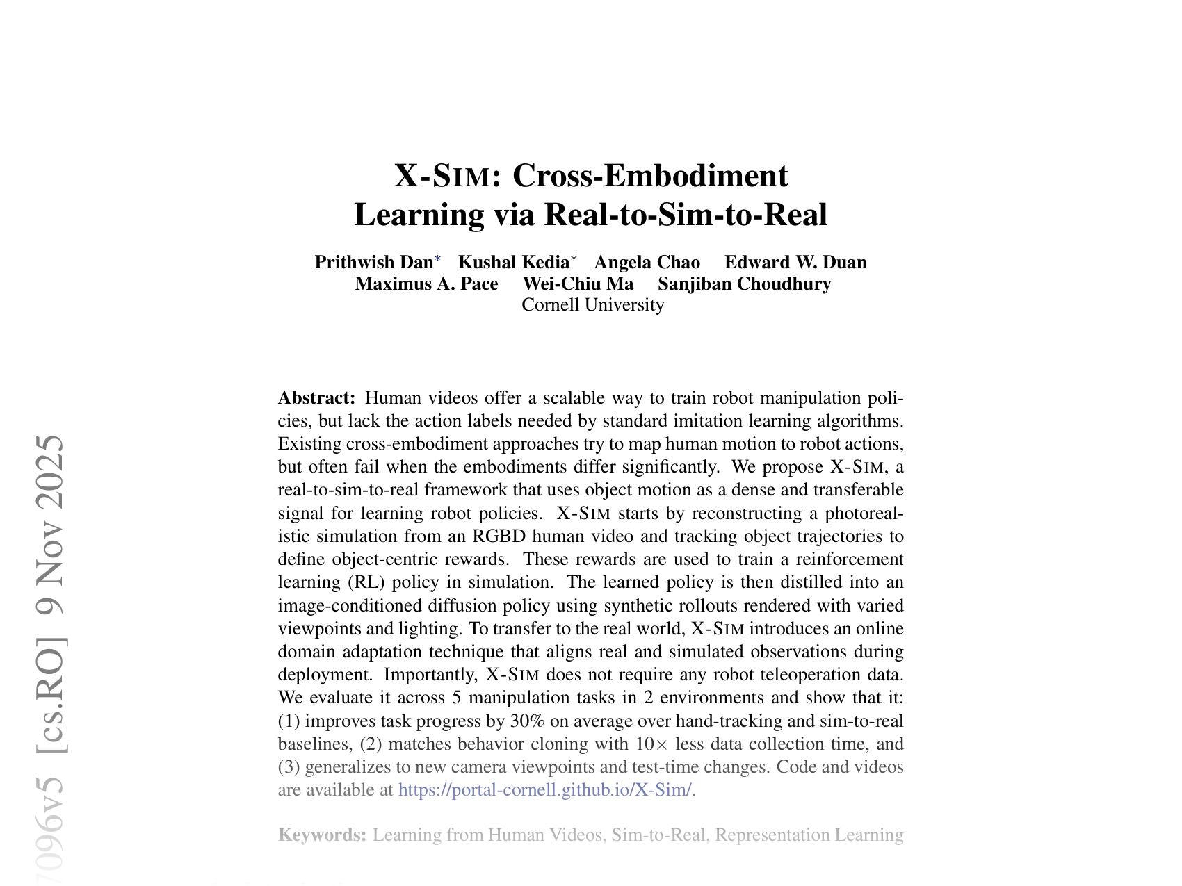 [X-SIM: Cross-Embodiment Learning via Real-to-Sim-to-Real 🔗](https://arxiv.org/abs/2505.07096)