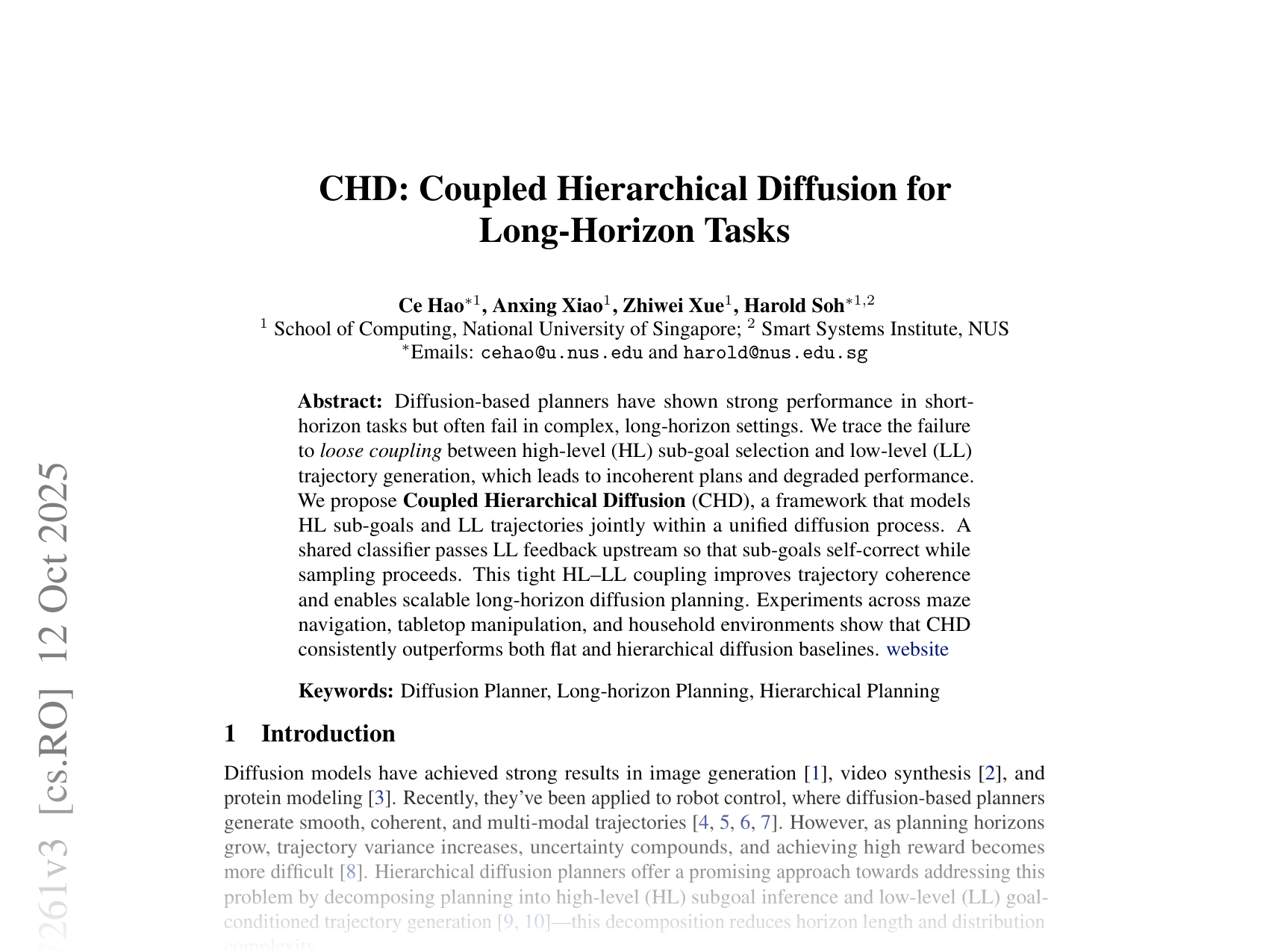 [CHD: Coupled Hierarchical Diffusion for Long-Horizon Tasks 🔗](https://arxiv.org/abs/2505.07261)