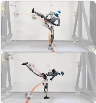 External Perturbations. The image shows a humanoid robot maintaining balance while being struck by a soccer ball, demonstrating robustness.