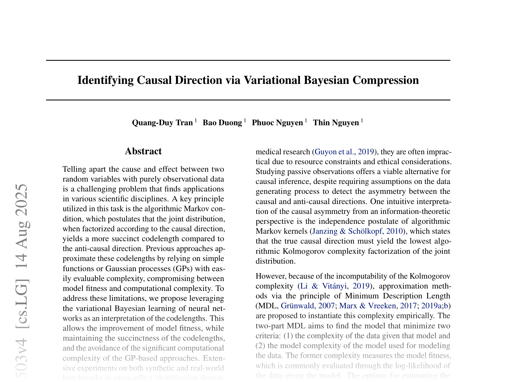 [Identifying Causal Direction via Variational Bayesian Compression 🔗](https://arxiv.org/abs/2505.07503)