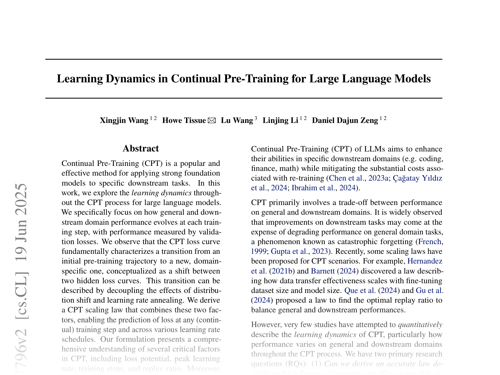 [Learning Dynamics in Continual Pre-Training for Large Language Models 🔗](https://arxiv.org/abs/2505.07796)