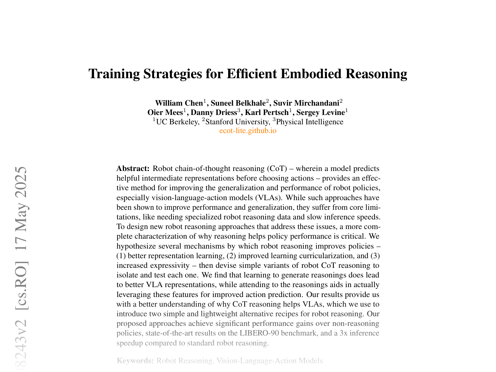 [Training Strategies for Efficient Embodied Reasoning 🔗](https://arxiv.org/abs/2505.08243)