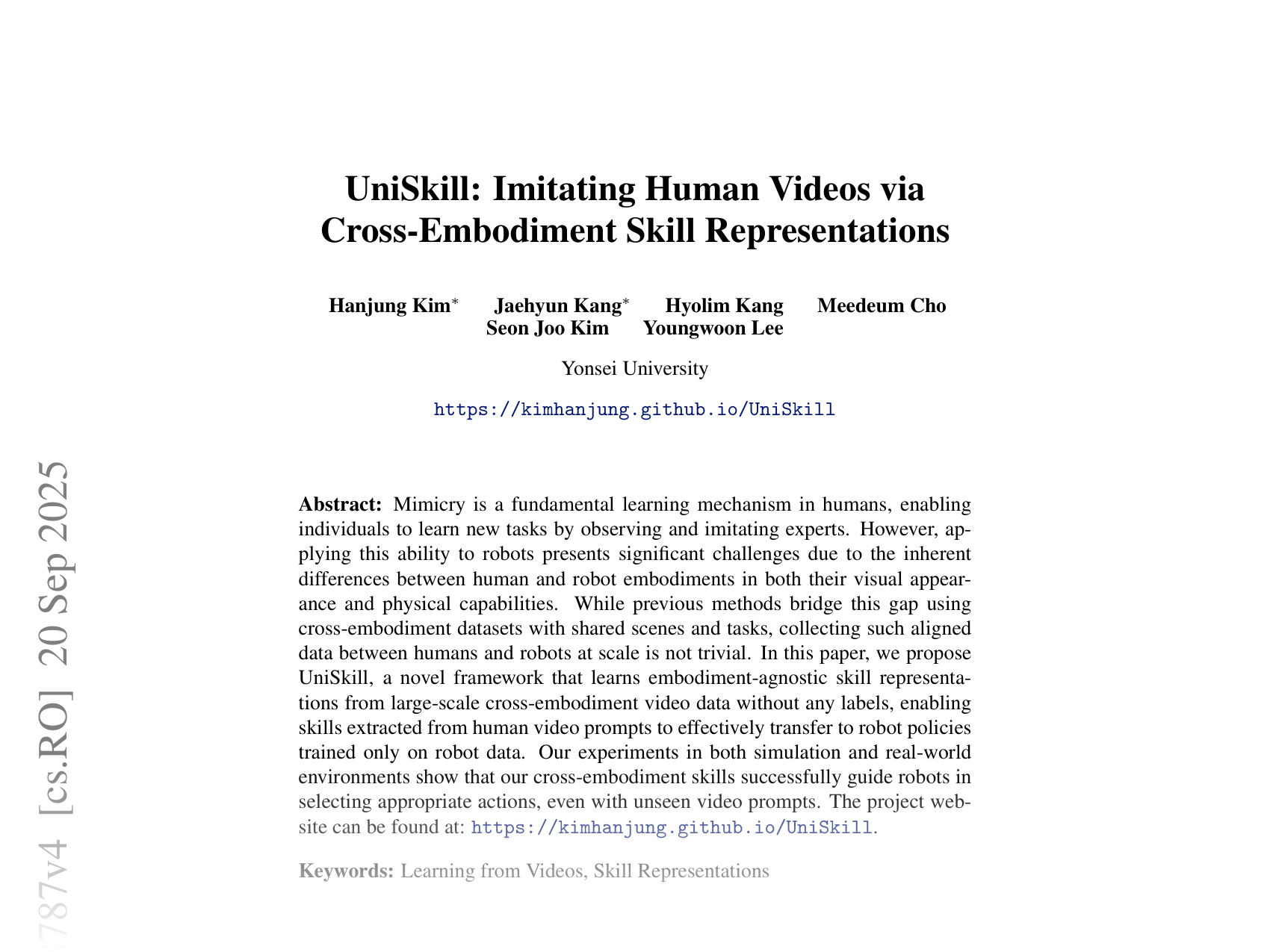 [UniSkill: Imitating Human Videos via Cross-Embodiment Skill Representations 🔗](https://arxiv.org/abs/2505.08787)