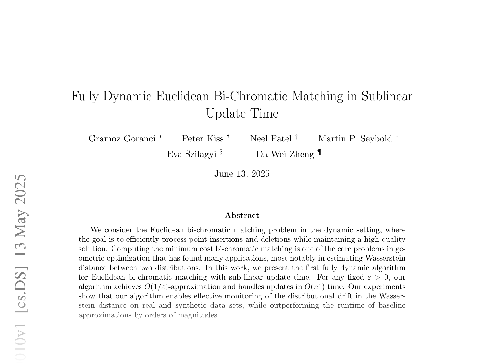 [Fully Dynamic Euclidean Bi-Chromatic Matching in Sublinear Update Time 🔗](https://arxiv.org/abs/2505.09010)