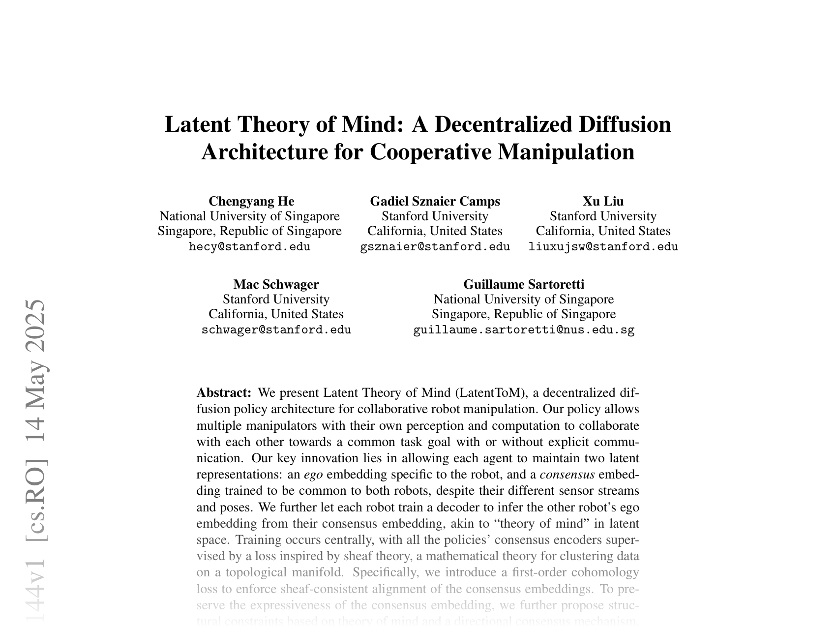 [Latent Theory of Mind: A Decentralized Diffusion Architecture for Cooperative Manipulation 🔗](https://arxiv.org/abs/2505.09144)