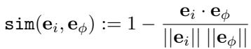 Equation for cosine similarity between an observation embedding and a failure mode embedding.