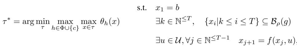 Optimization equation for finding a trajectory that minimizes worst-case failure costs while reaching the goal.