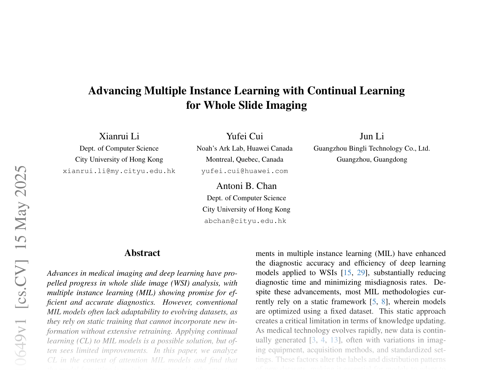 [Advancing Multiple Instance Learning with Continual Learning for Whole Slide Imaging 🔗](https://arxiv.org/abs/2505.10649)
