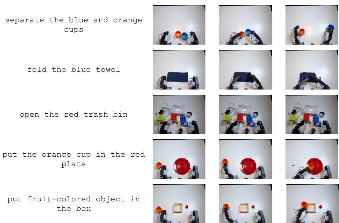 Figure 13: Rollouts for 5 tasks used for online RL, showing visual, spatial, and semantic generalization.