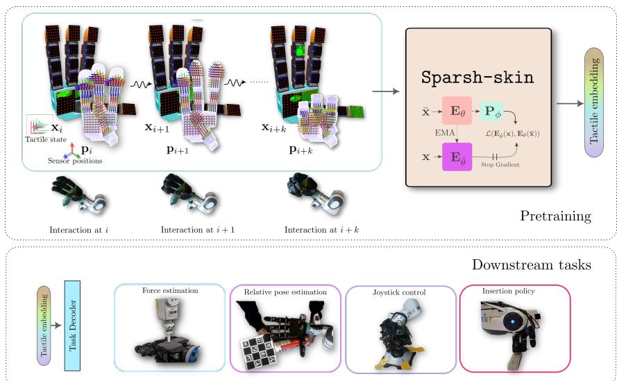 Figure 1: Sparsh-skin is an approach to learn general representations for magnetic tactile skins covering dexterous robot hands.Sparsh-skin is trained via self-supervision on a large pretraining dataset ( \\(\\sim 4\\) hours) containing diverse atomic in-hand interactions.It takes as input a brief history of tactile observations \\(\\mathbf { x } _ { i }\\) and 3D sensor positions \\(\\mathbf { p } _ { i }\\) to produce performant full-hand contextual representations. Sparsh-skin representations are general purpose and can be used in a variety of contact-rich downstream tasks.