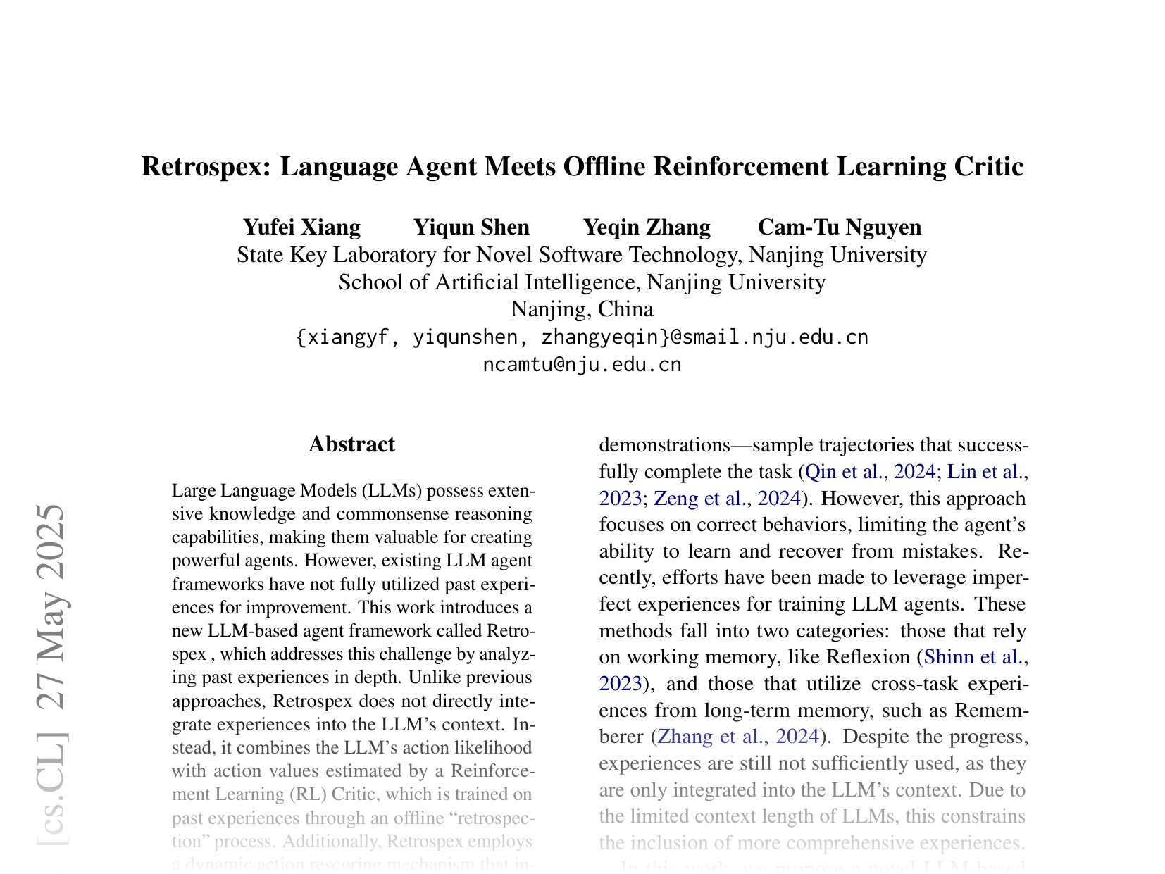[Retrospex: Language Agent Meets Offline Reinforcement Learning Critic 🔗](https://arxiv.org/abs/2505.11807)