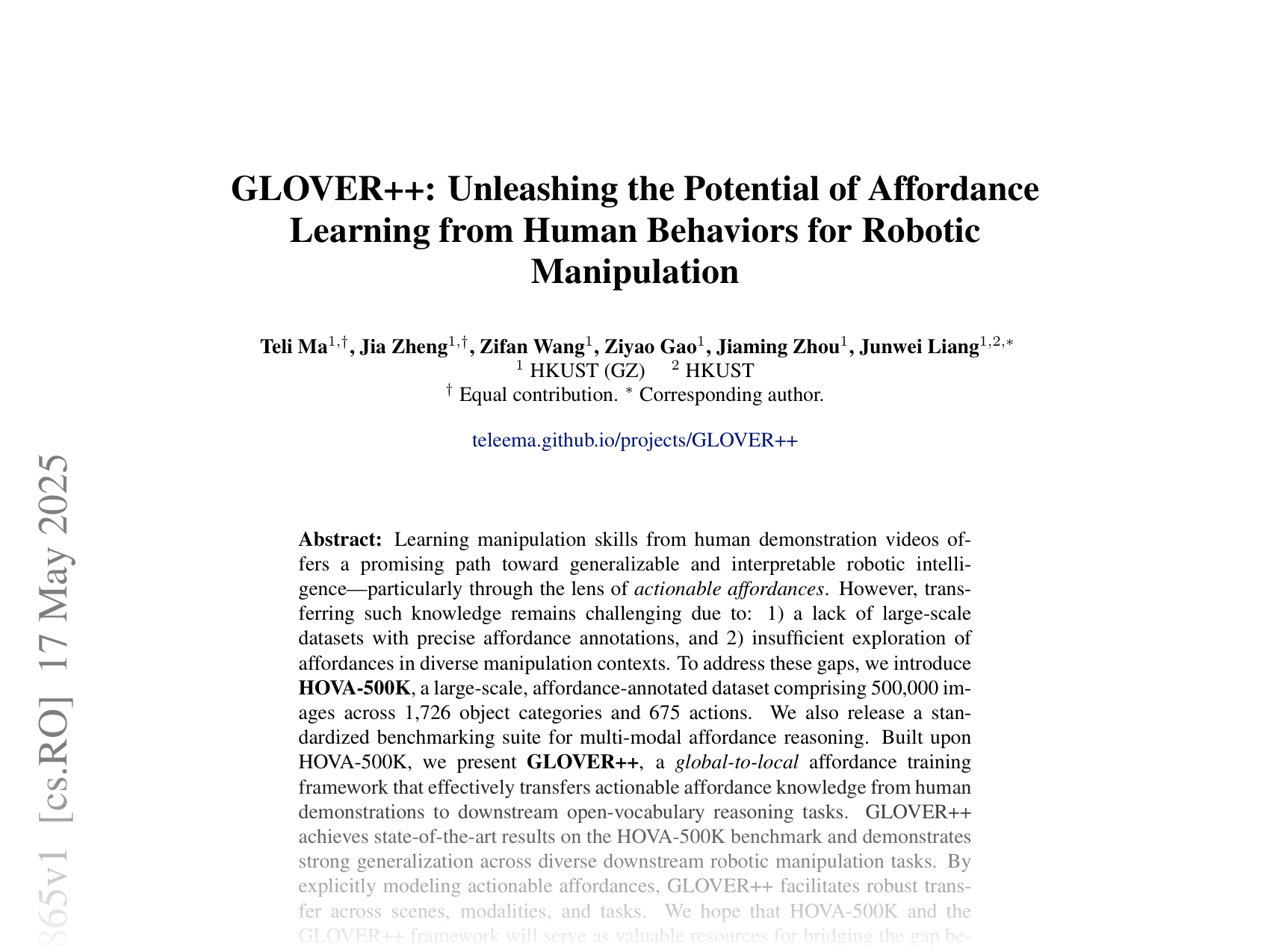 [GLOVER++: Unleashing the Potential of Affordance Learning from Human Behaviors for Robotic Manipulation 🔗](https://arxiv.org/abs/2505.11865)