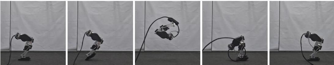 Figure 1: Snapshots of the first successful deployment of the learned front flip on the real one-leg hopper platform. The policy was trained with a centroidal velocity-based reward and sim-to-real techniques to achieve robust, impact-rich rotation on hardware.