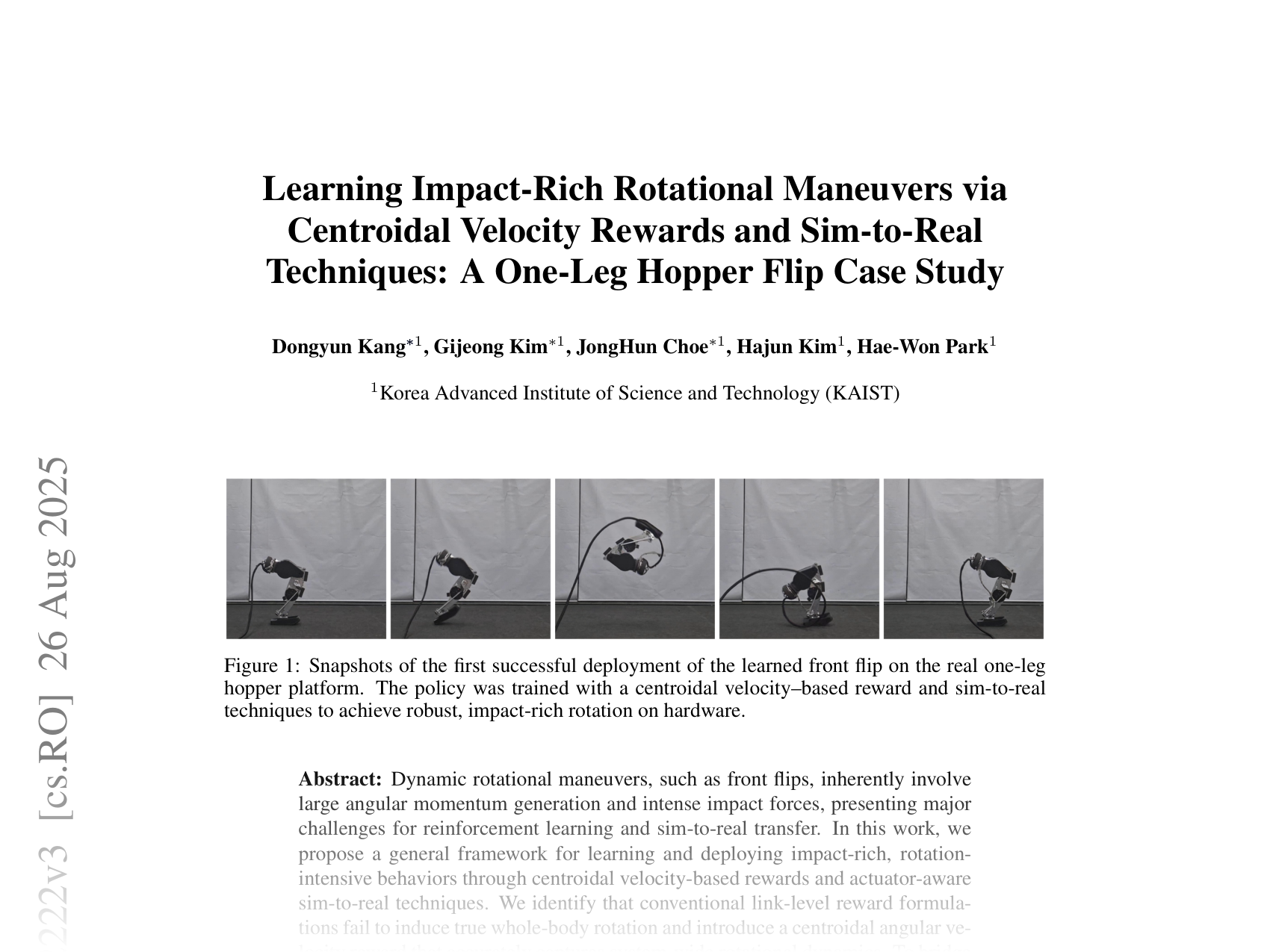 [Learning Impact-Rich Rotational Maneuvers via Centroidal Velocity Rewards and Sim-to-Real Techniques: A One-Leg Hopper Flip Case Study 🔗](https://arxiv.org/abs/2505.12222)
