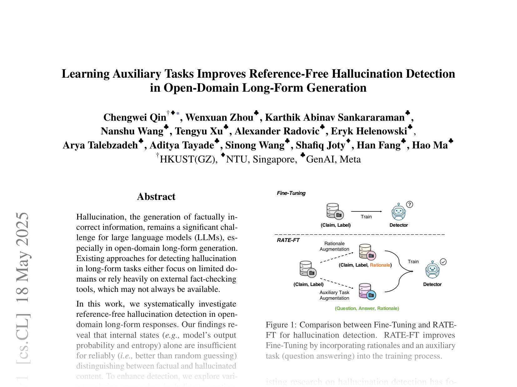 [Learning Auxiliary Tasks Improves Reference-Free Hallucination Detection in Open-Domain Long-Form Generation 🔗](https://arxiv.org/abs/2505.12265)