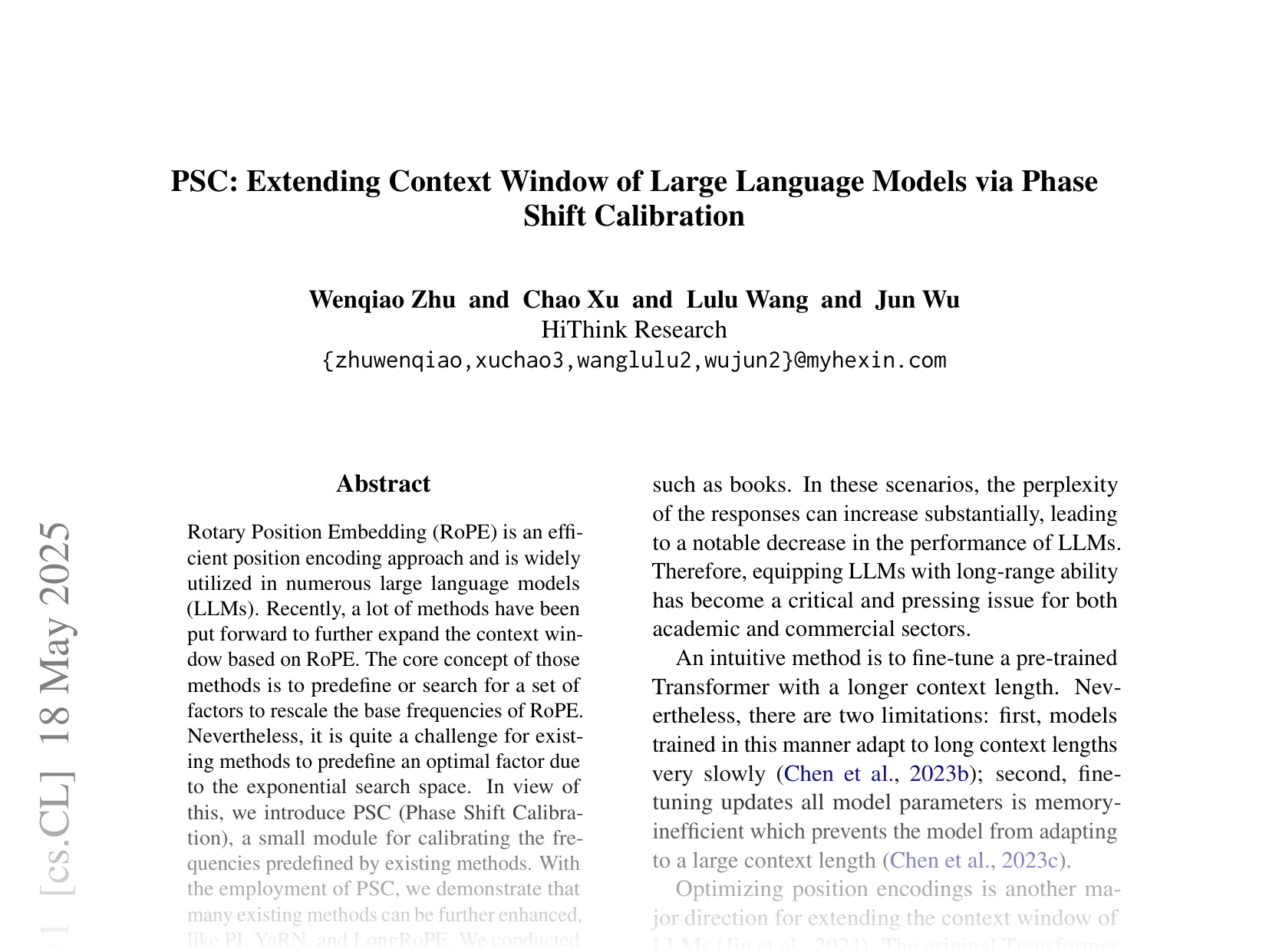[PSC: Extending Context Window of Large Language Models via Phase Shift Calibration 🔗](https://arxiv.org/abs/2505.12423)