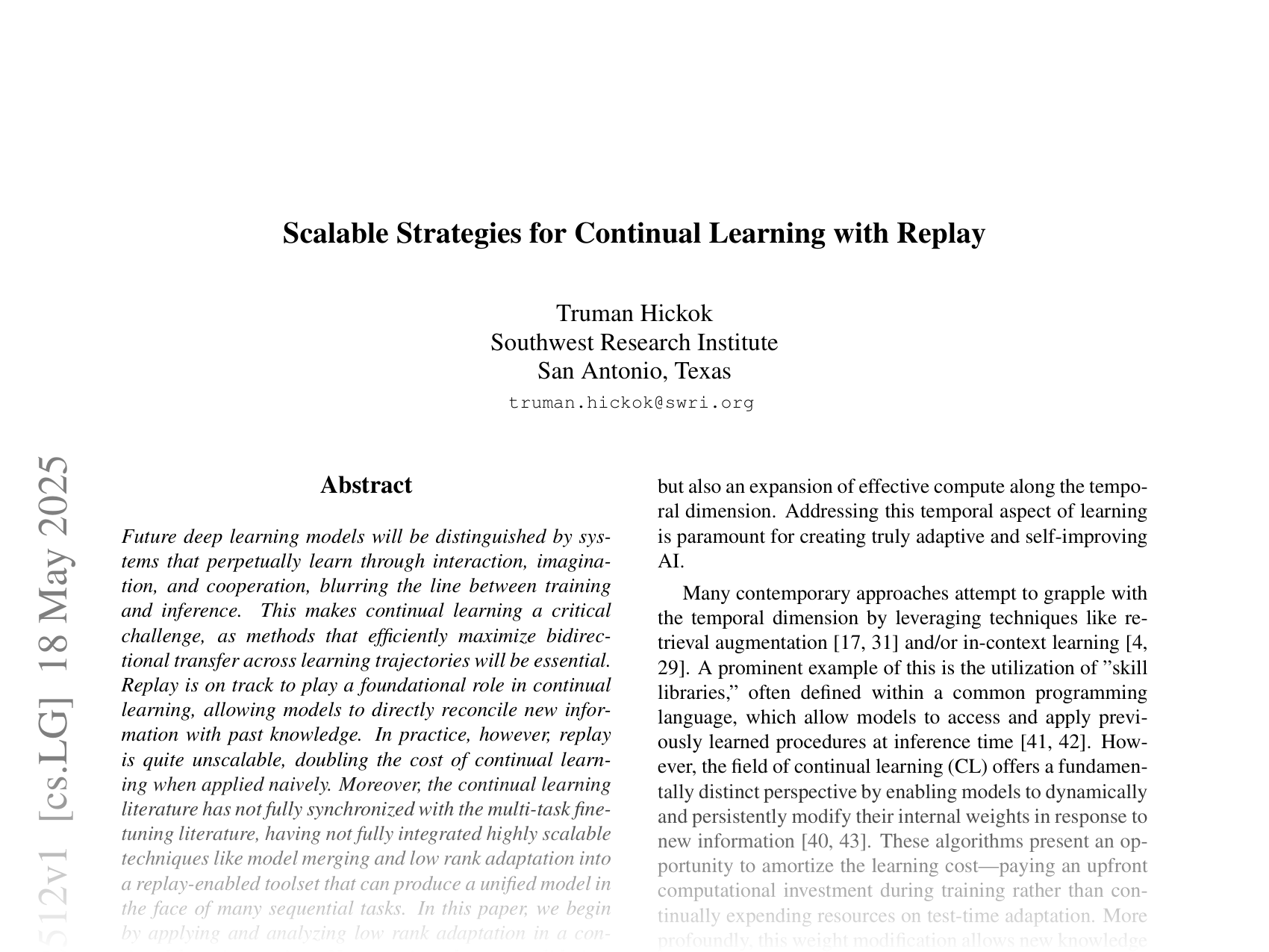 [Scalable Strategies for Continual Learning with Replay 🔗](https://arxiv.org/abs/2505.12512)