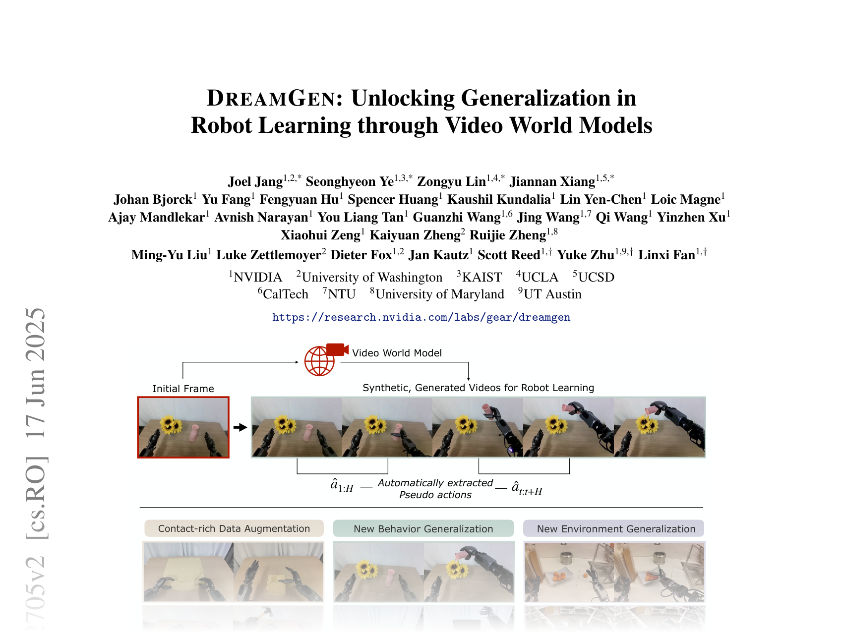 [DREAMGEN: Unlocking Generalization in Robot Learning through Video World Models 🔗](https://arxiv.org/abs/2505.12705)