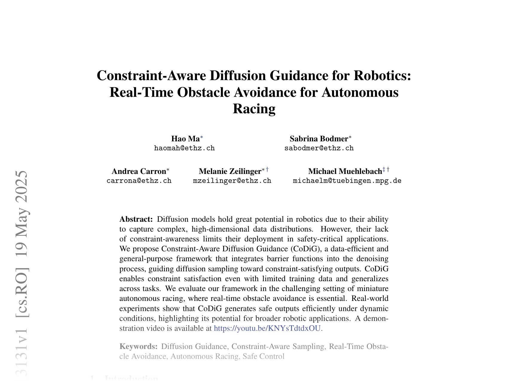 [Constraint-Aware Diffusion Guidance for Robotics: Real-Time Obstacle Avoidance for Autonomous Racing 🔗](https://arxiv.org/abs/2505.13131)