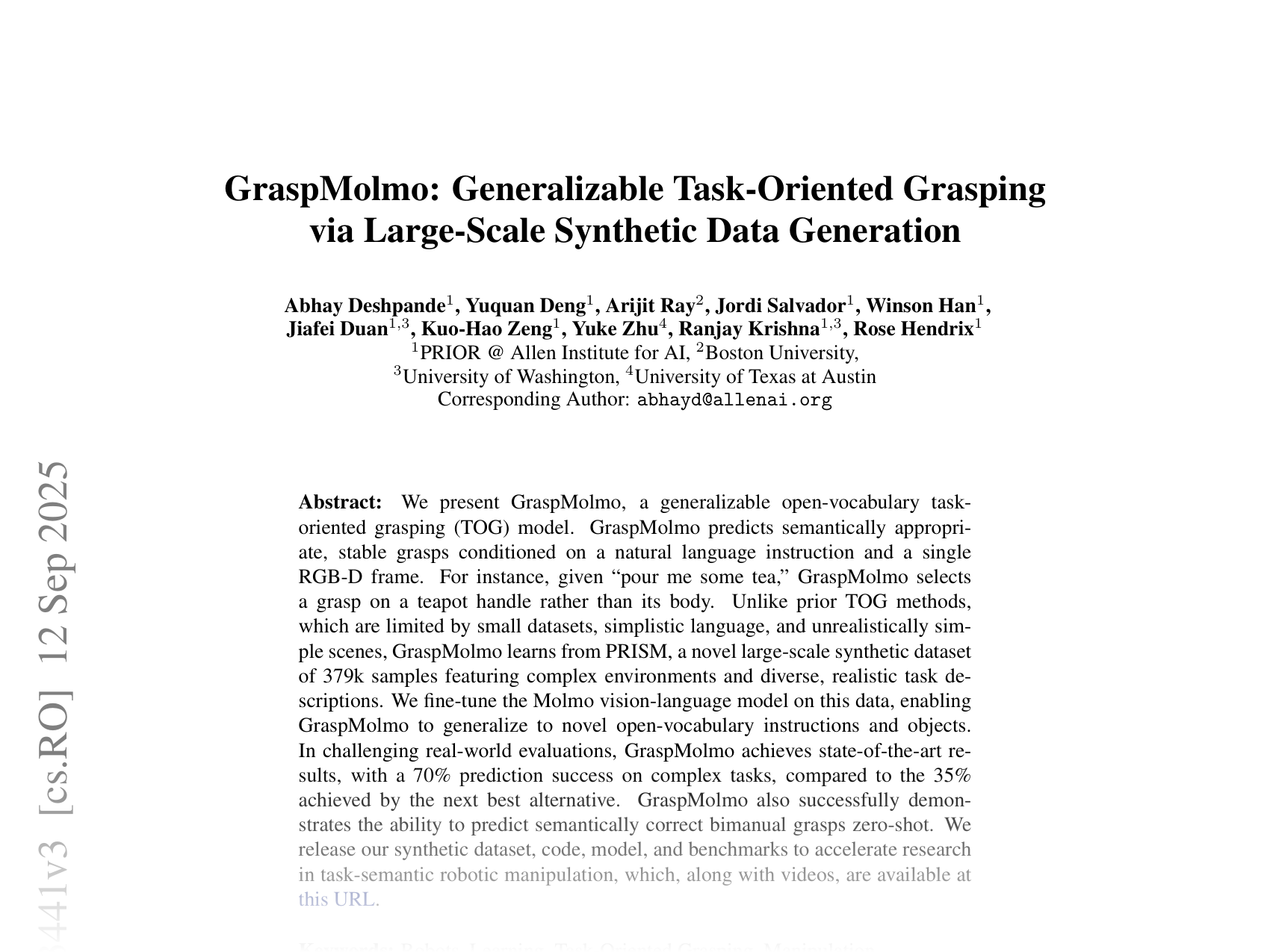 [GraspMolmo: Generalizable Task-Oriented Grasping via Large-Scale Synthetic Data Generation 🔗](https://arxiv.org/abs/2505.13441)
