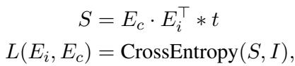 Equation showing the similarity score calculation and cross-entropy loss function.