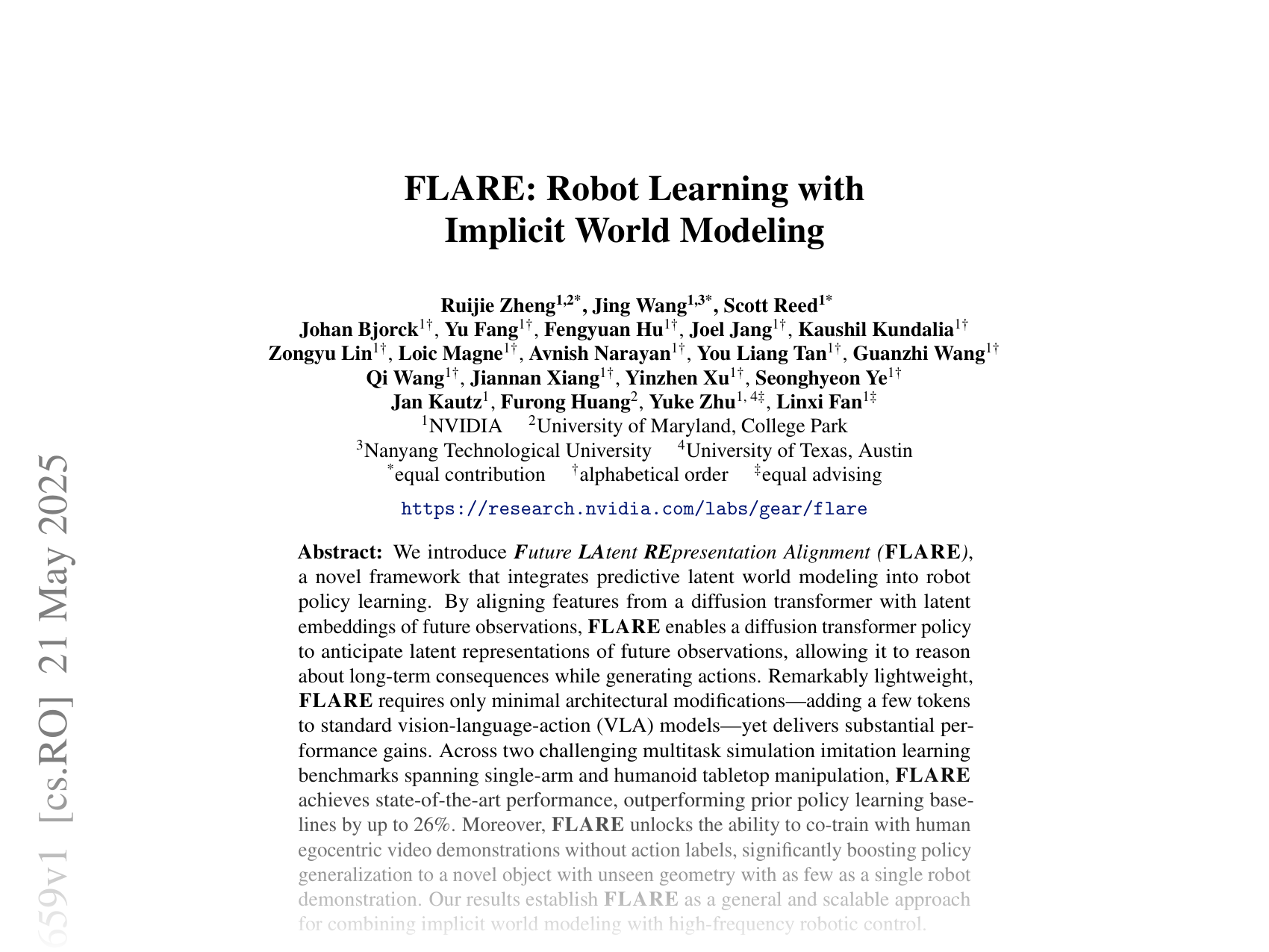 [FLARE: Robot Learning with Implicit World Modeling 🔗](https://arxiv.org/abs/2505.15659)