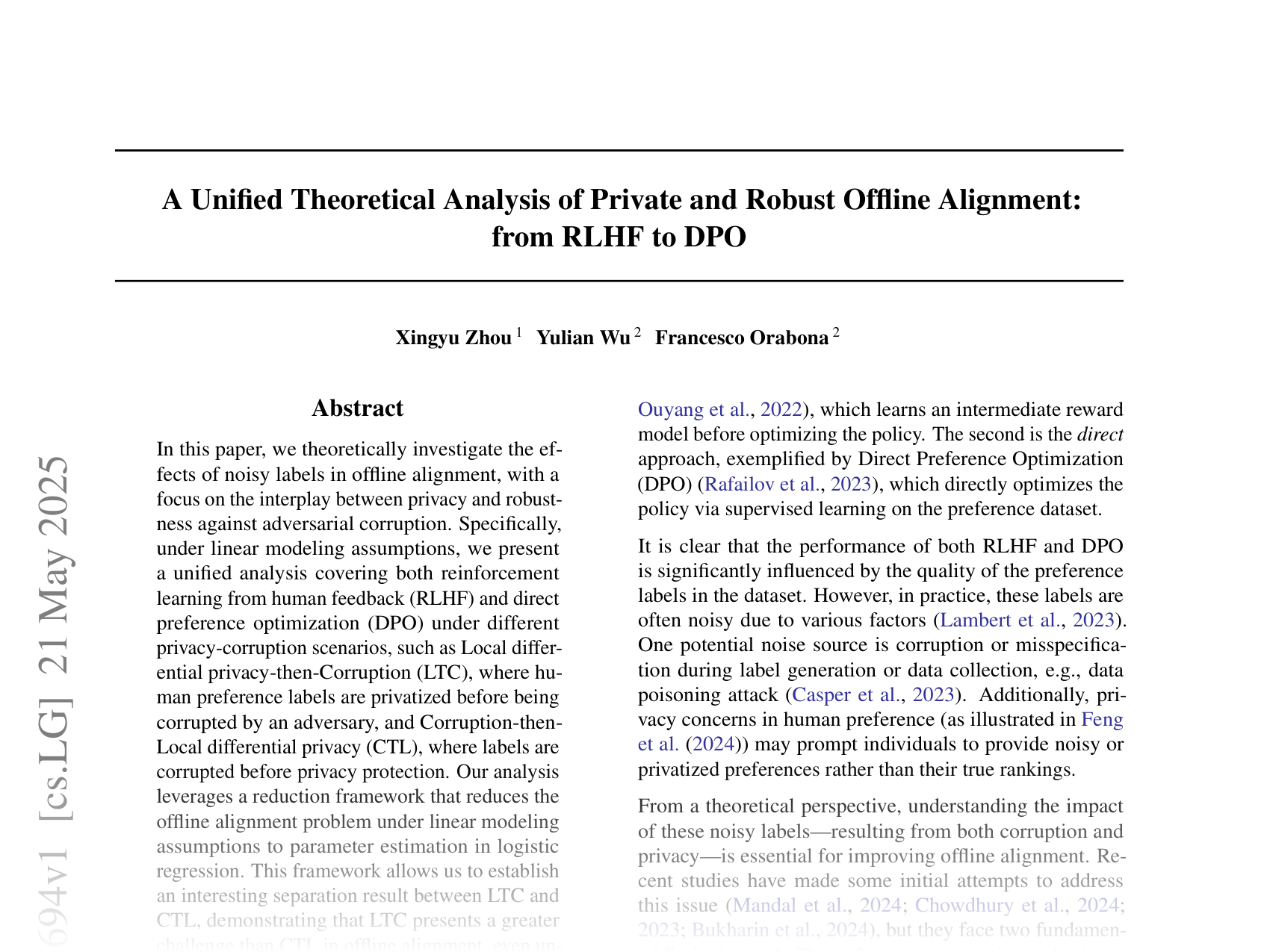 [A Unified Theoretical Analysis of Private and Robust Offline Alignment: from RLHF to DPO 🔗](https://arxiv.org/abs/2505.15694)