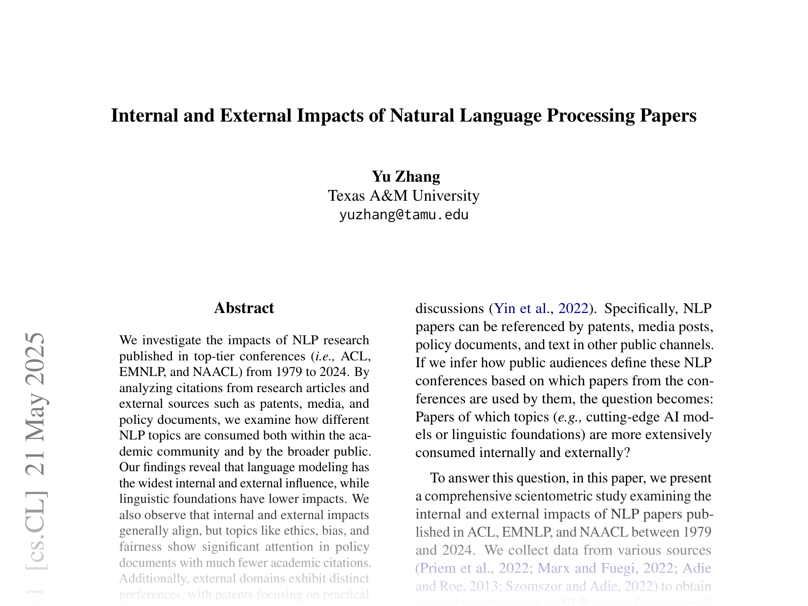 [Internal and External Impacts of Natural Language Processing Papers 🔗](https://arxiv.org/abs/2505.16061)