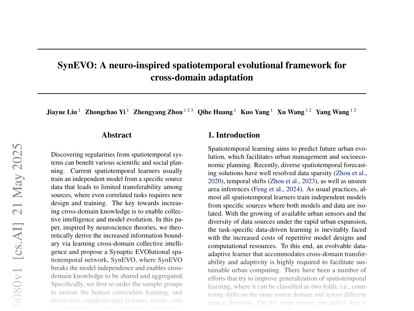 [SynEVO: A neuro-inspired spatiotemporal evolutional framework for cross-domain adaptation 🔗](https://arxiv.org/abs/2505.16080)