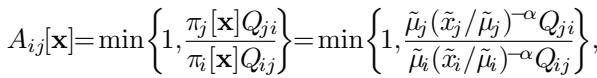 The Metropolis-Hastings acceptance ratio using the HDT target.