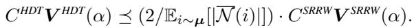 Inequality comparing cost-based variance of HDT vs SRRW.